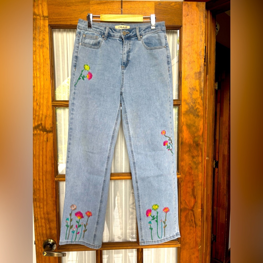 Charlies Blue Straight Leg Jeans with Floral Embroidery
